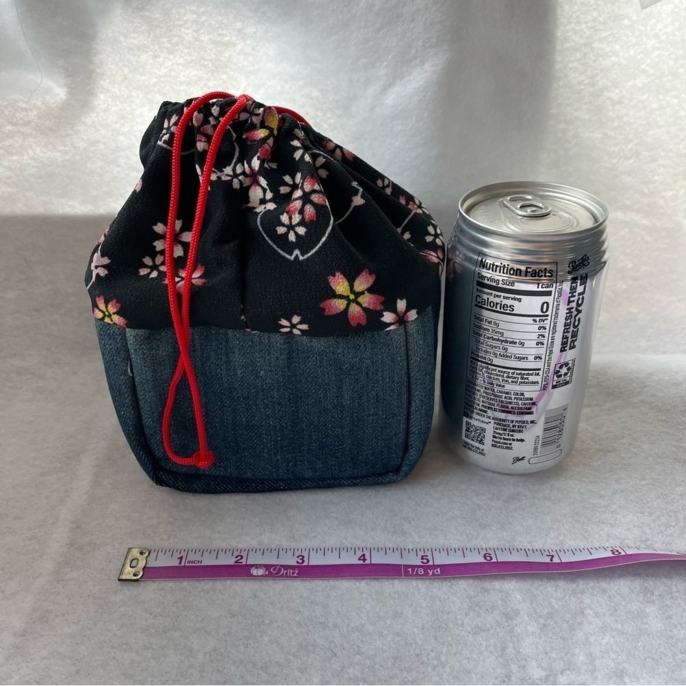 CHERRY BLOSSOM Drawstring Cosmetic Bag Denim Blue Pink Sakura - Picture 5 of 10